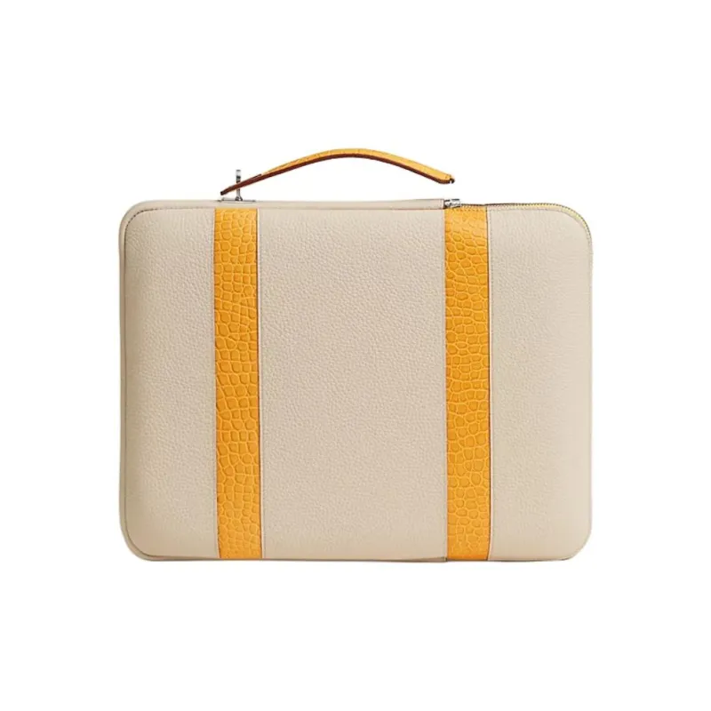 HERMES Leather Briefcase Unisex Light Gray & Gold-0
