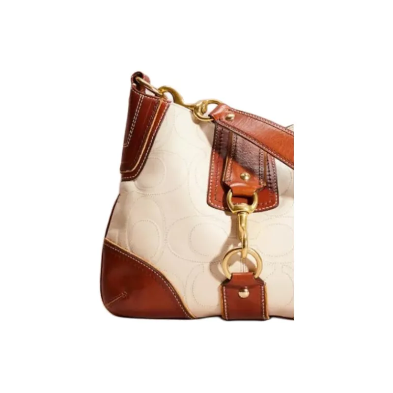 COACH Hamptons Leather Hobo Bag Handbag Shoulder Bag Women's Ecru & Brown-2