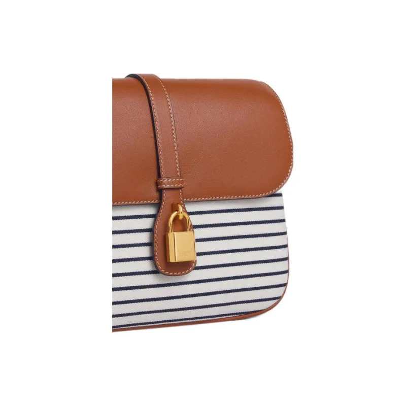 CELINE Tabou Stripes Textile, Cow Leather One Shoulder, Crossbody Bag Medium Size Women's Marine Blue/Tan-4
