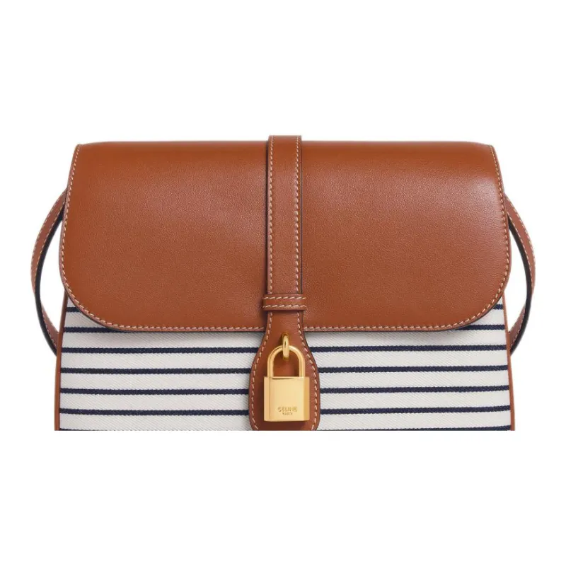 CELINE Tabou Stripes Textile, Cow Leather One Shoulder, Crossbody Bag Medium Size Women's Marine Blue/Tan-3