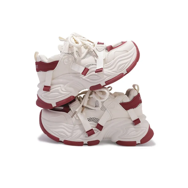 SNXR Shock Absorbers With Slip Resistant Features Low Top Chunky Sneakers Women's Beige Red-2