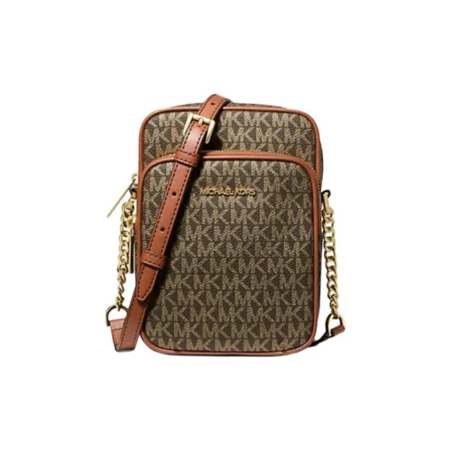 MICHAEL KORS Jet Set Travel Coated Canvas With Polyester Shoulder Bag, Crossbody Bag Medium Size Women's Brown & Gold