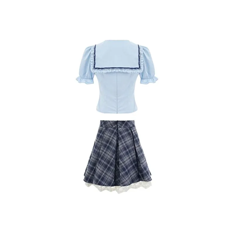 TIBINB Two Piece Skirt Sets Women's Blue Set Top+Skirt+Bowknot-1