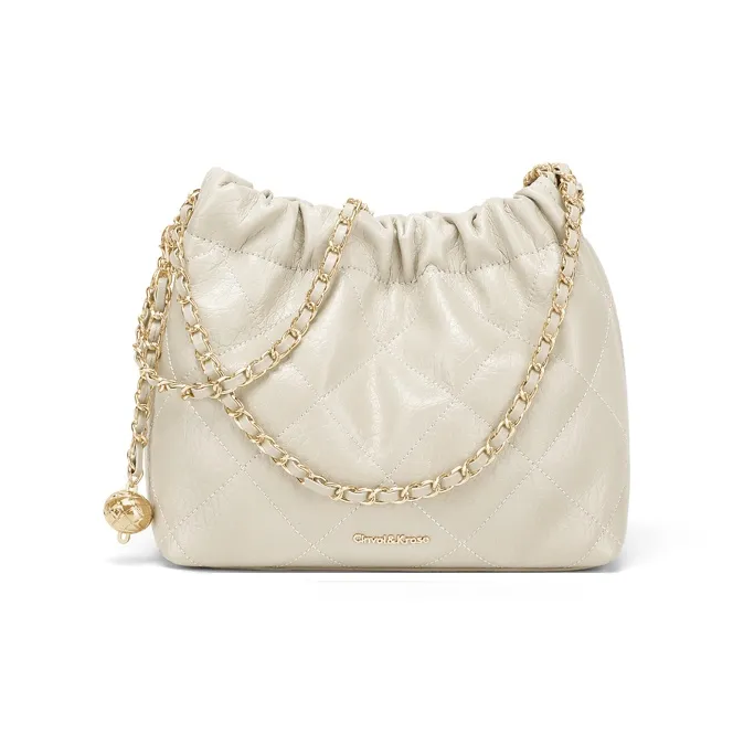 CinvaiKrose Cow Leather With Synthetic Leather Shoulder Bag, Bucket Bag Small Size Women's Beige Apricot/Black-0