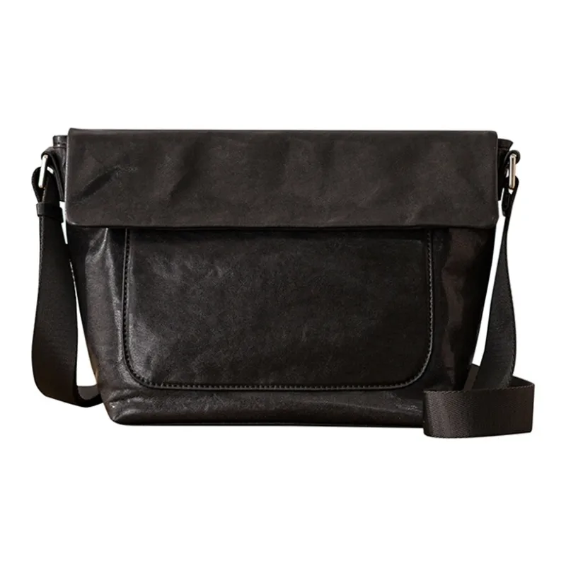 Back Step Top Grain Cow Leather Messenger Bag, Crossbody Bag, Shoulder Bag Medium Size Men's Black-1