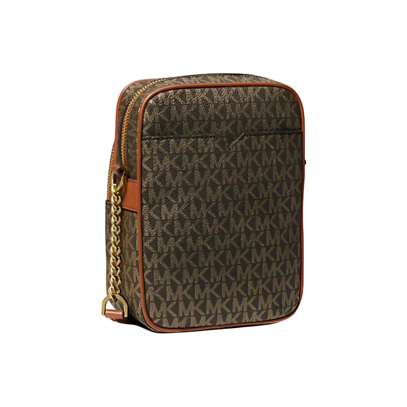 MICHAEL KORS Jet Set Travel Coated Canvas With Polyester Shoulder Bag, Crossbody Bag Medium Size Women's Brown & Gold-1