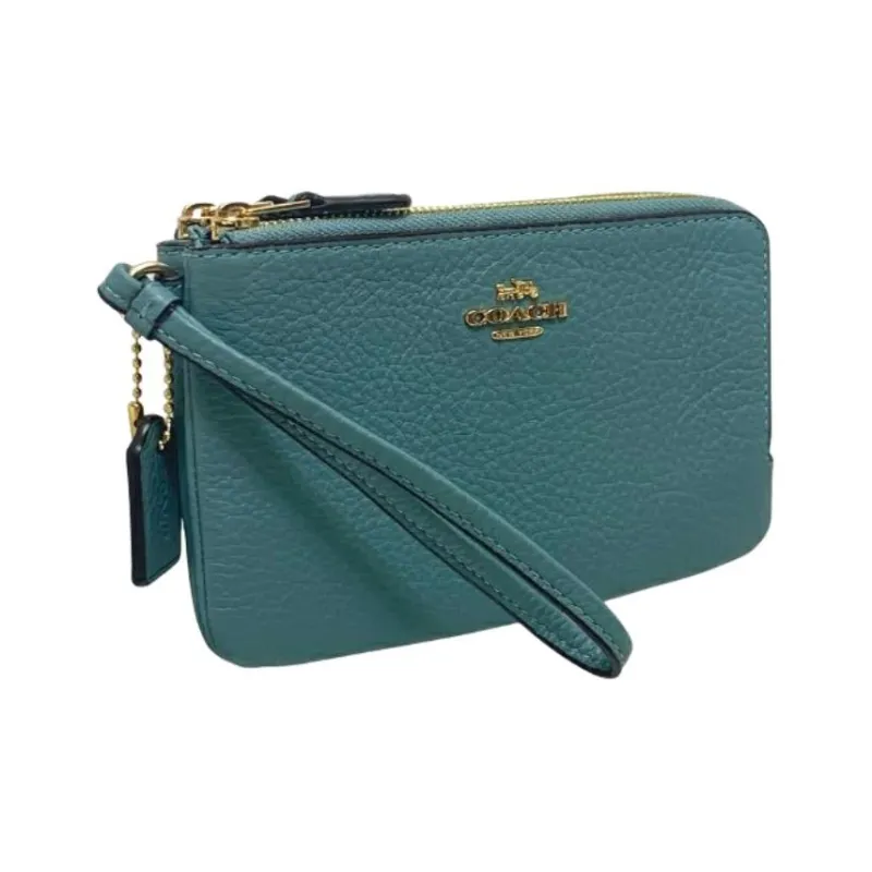 COACH Corner Zip Refined Pebble Leather Wrist Bag Clutch Small Size Women's Ink Wash Green-1