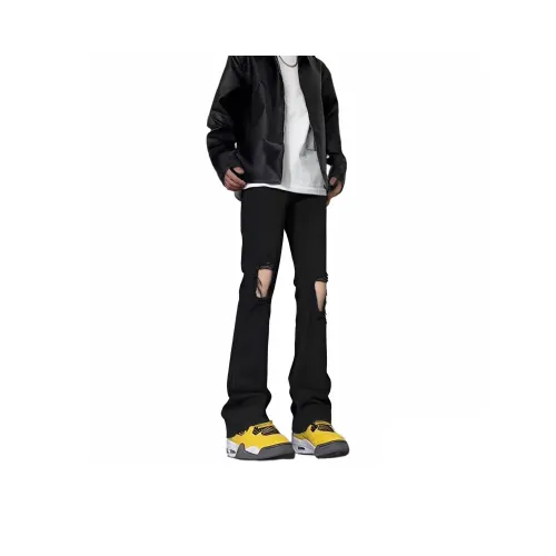 Menglaini Jeans Unisex Black[Frayed Edge Ripped]
