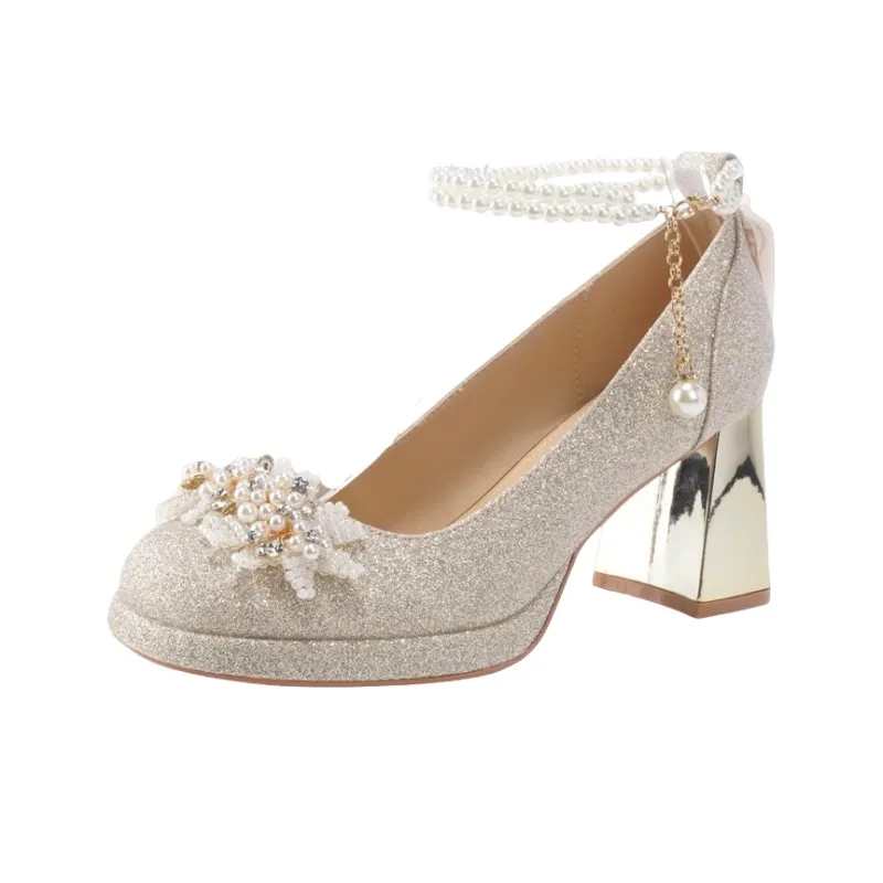 Alxnan Chunky Heel High Heels Women's Champagne-1