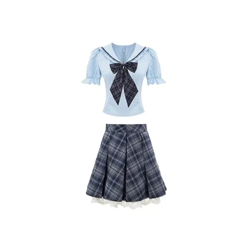 TIBINB Two Piece Skirt Sets Women's Blue Set Top+Skirt+Bowknot