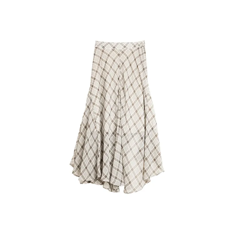 ELLE Casual Long Skirts Women's Coffee Plaid-1