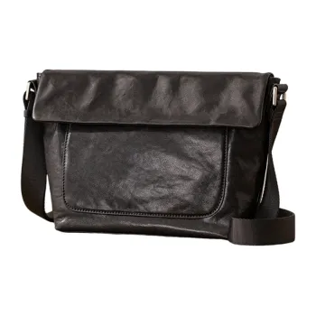 Back Step Top Grain Cow Leather Messenger Bag, Crossbody Bag, Shoulder Bag Medium Size Men's Black