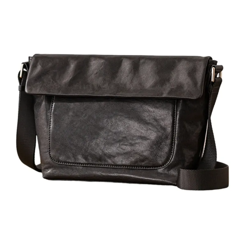 Back Step Top Grain Cow Leather Messenger Bag, Crossbody Bag, Shoulder Bag Medium Size Men's Black-0