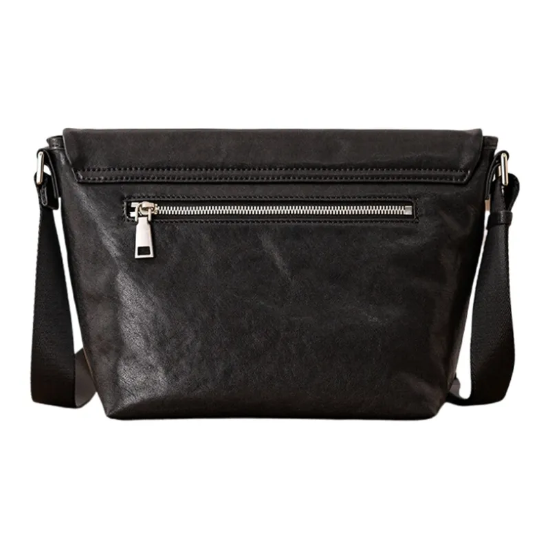 Back Step Top Grain Cow Leather Messenger Bag, Crossbody Bag, Shoulder Bag Medium Size Men's Black-2