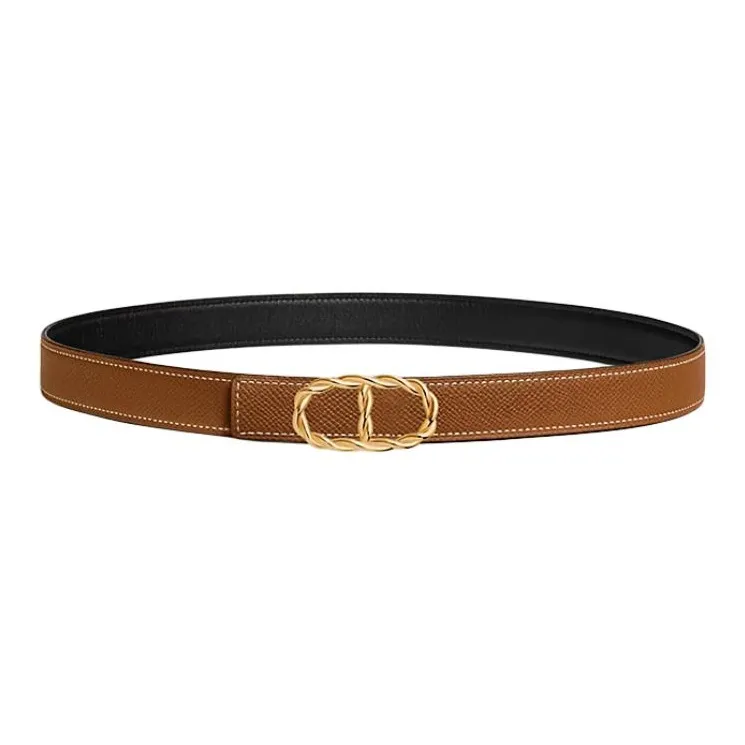 HERMES Calfskin, Gold Plated Leather Belts Unisex Black Width 2.4CM-1