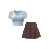 Blue Short-Sleeved+Drip Coffee Short Skirt