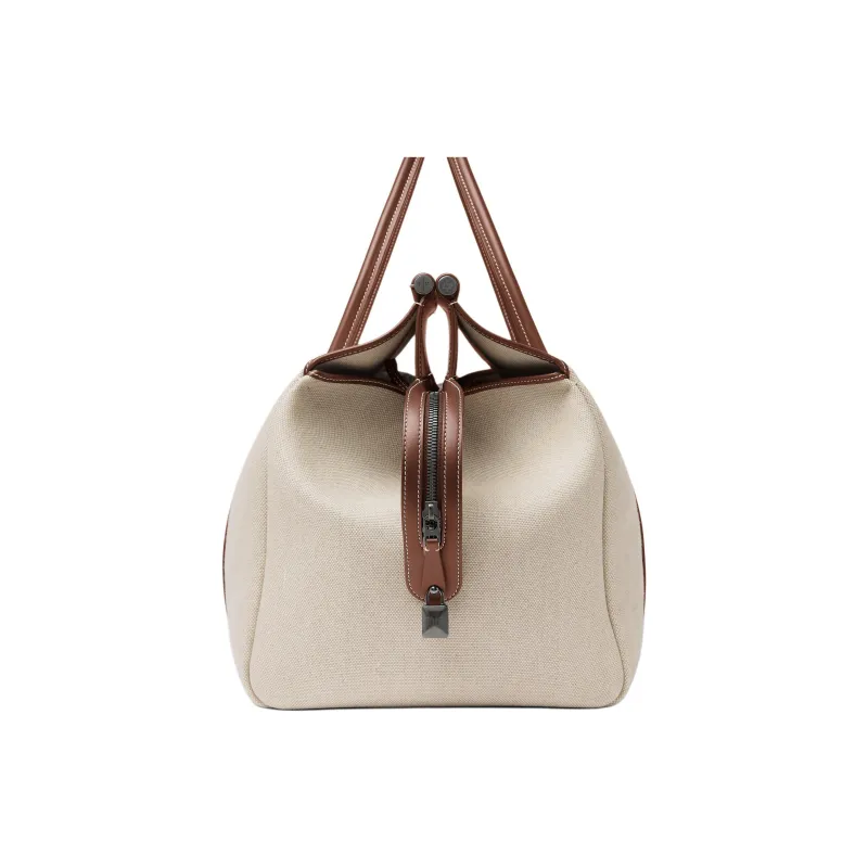 Loro Piana Loom Cotton Tote Bag, Shopping Bag, Shoulder Bag, Handbag Women's Natural & Caramel-2