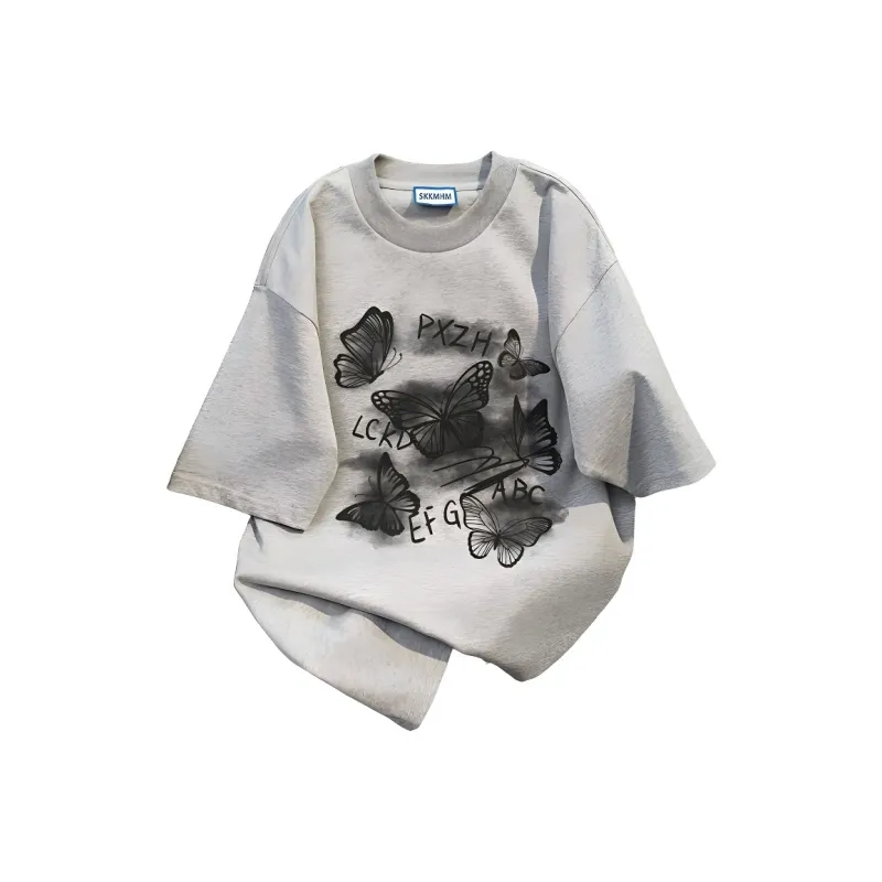 BabyStudios Niche Design Butterfly Letter Print Short Sleeved Women's Summer Hiphop Loose Top Women's-3