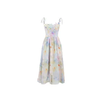DOKZB Slip Dresses Women's Oil Paintings Pink Blue