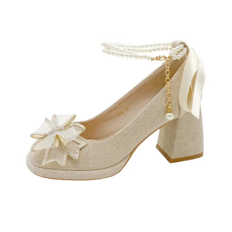 Alxnan Chunky Heel High Heels Women's Champagne-5