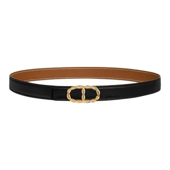 HERMES Calfskin, Gold Plated Leather Belts Unisex Black Width 2.4CM