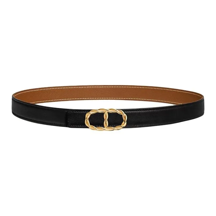 HERMES Calfskin, Gold Plated Leather Belts Unisex Black Width 2.4CM-0