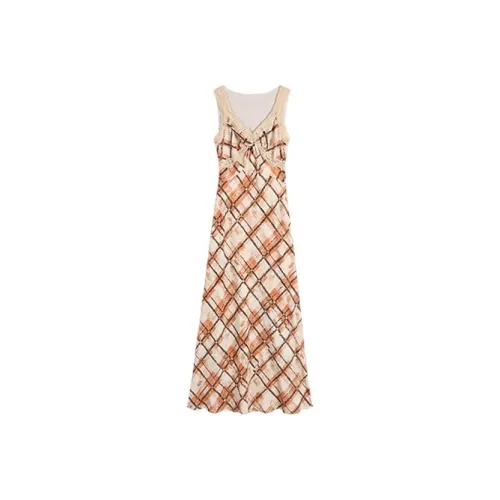 OZVO Slip Dresses Women's Apricot Base With Orange Brown