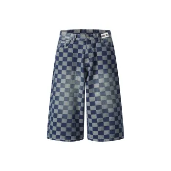 FCB ARCELONA Denim Shorts Unisex Blue Small Plaid