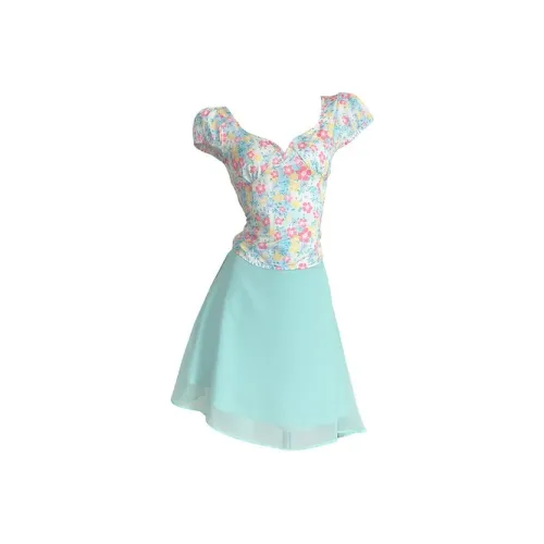 HUINIAN Two Piece Skirt Sets Women's Floral Top+Green Skirt