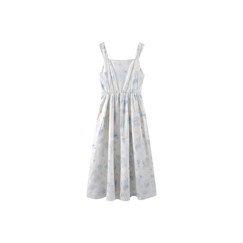 POPO.INFO Slip Dresses Women's White With Blue Floral-1