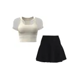 Ivory White Short-Sleeved+Star Shiny Black Short Skirt