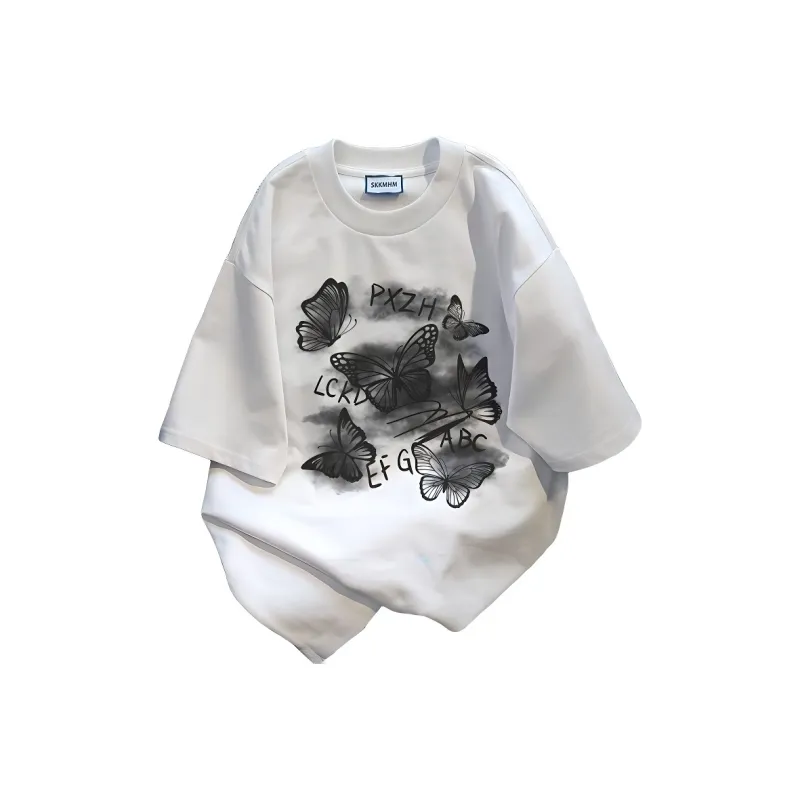 BabyStudios Niche Design Butterfly Letter Print Short Sleeved Women's Summer Hiphop Loose Top Women's-4