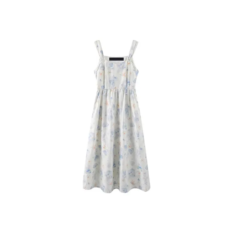 POPO.INFO Slip Dresses Women's White With Blue Floral-0