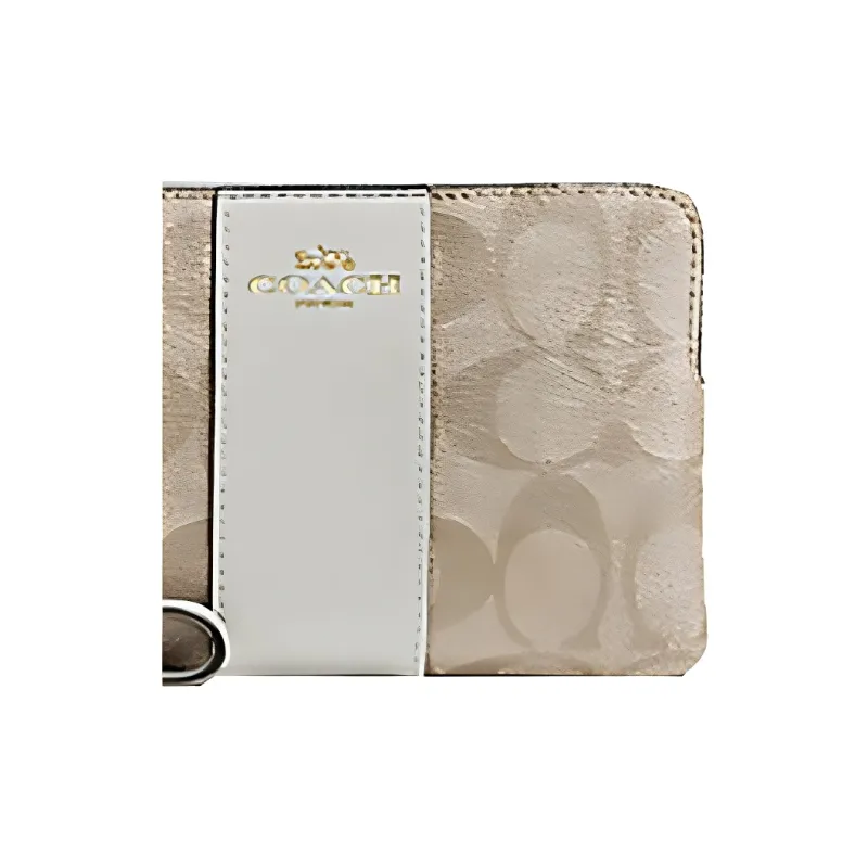 COACH Canvas With Cross-Stitch Leather Handheld Coin Wrist Bag Small Size Women's Khaki With Chalk White Gold Accents-2