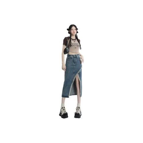 MPOX Denim Long Skirts Women's Dark Blue