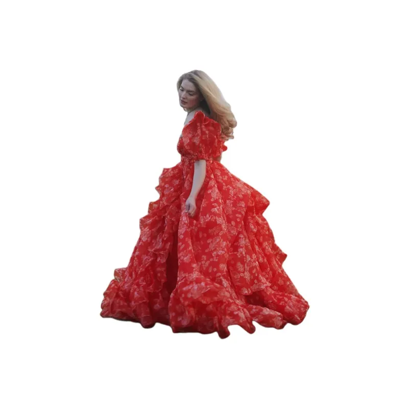Selkie Collection SS25 Short Sleeved Dresses Women's Red Background With Rose Print-6