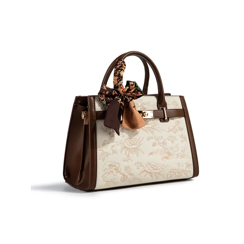 CentarlKatty PU One Shoulder Handbag Women's Embroidery White & Coffee-3