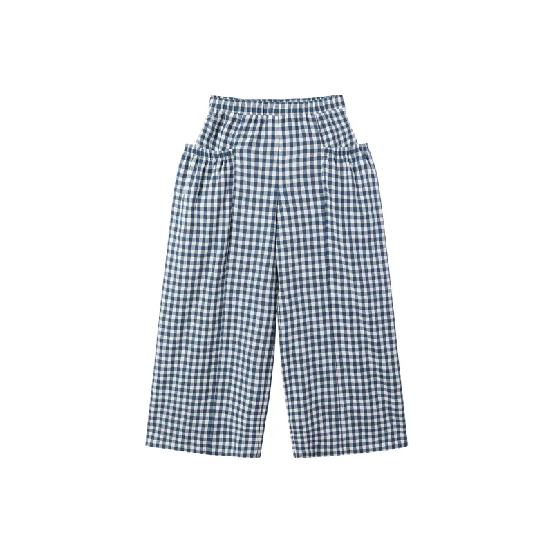 Ouyang Casual Pants Women's Blue White Plaid-0