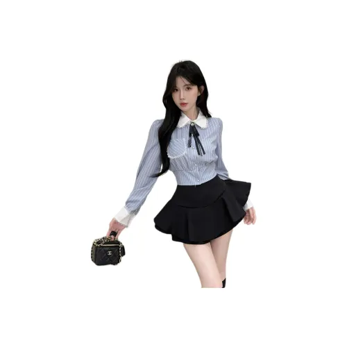 Dior Beauty Two Piece Skirt Sets Women's Striped Shirt With Bow Tie, Black Skirt Dress