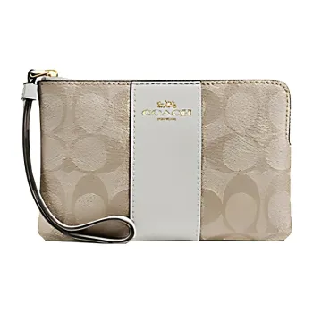 COACH Canvas With Cross-Stitch Leather Handheld Coin Wrist Bag Small Size Women's Khaki With Chalk White Gold Accents