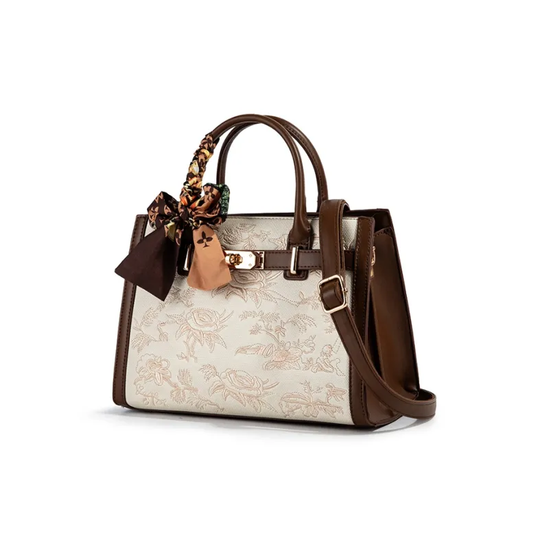 CentarlKatty PU One Shoulder Handbag Women's Embroidery White & Coffee-2
