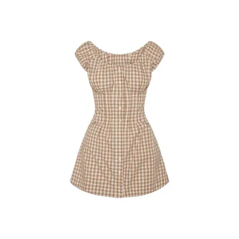 FRANKIES BIKINIS Short Sleeved Dresses Women's Denim Plaid