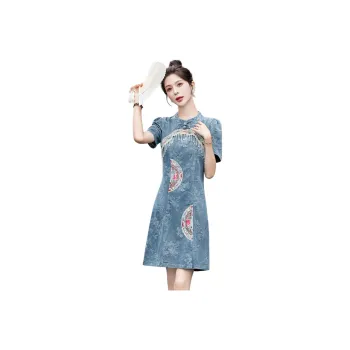 TEME New Chinese Style Embroidery Jacquard Short Sleeved Dress Women's