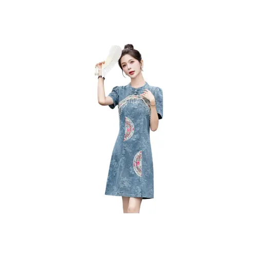 TEME New Chinese Style Embroidery Jacquard Short Sleeved Dress Women's