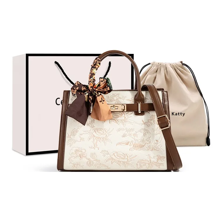 CentarlKatty PU One Shoulder Handbag Women's Embroidery White & Coffee-0