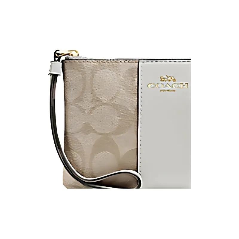 COACH Canvas With Cross-Stitch Leather Handheld Coin Wrist Bag Small Size Women's Khaki With Chalk White Gold Accents-1