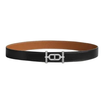 HERMES Calfskin, Palladium Plated Leather Belts Men's Black Width 3.2CM