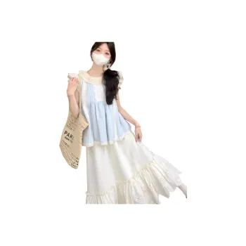 XIANSINIAO Two Piece Skirt Sets Women's Blue Top+Apricot Skirt