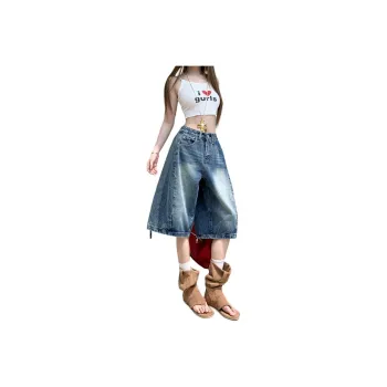 Wen Shan Denim Shorts Women's Vintage Blue Knee Length Pants