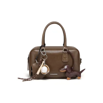 CNOLES Cow Leather Portable Crossbody Bag, Bowling Bag, Pillow Bag Large Size Women's Blue Si Brown/Qu Coffee White
